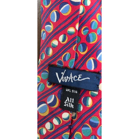 Vintage VivAce Tie Abstract Geometric Red Blue Yellow All Silk Circles and Strip - Picture 4 of 6